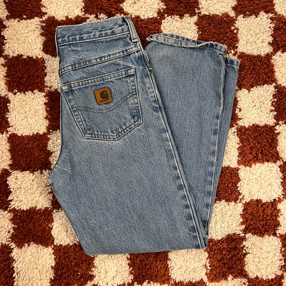 Carhartt jeans
Mid to high rise 
Size 14, but best for 25/26